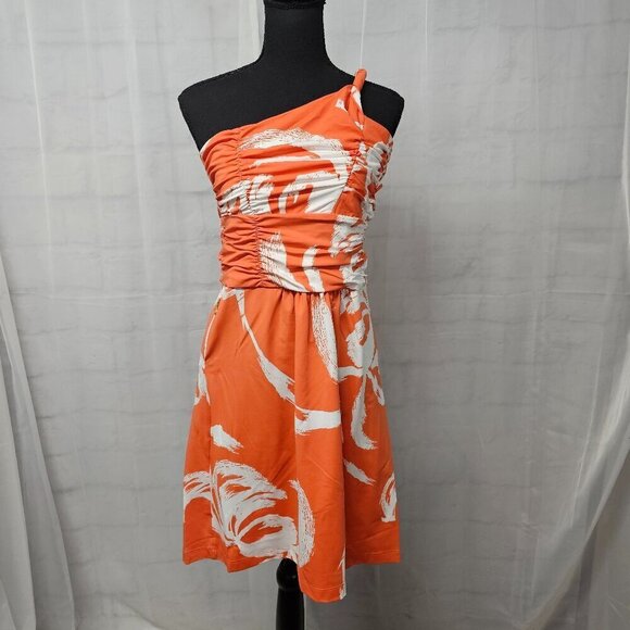 NWT Tracy Negoshian Orange White Tropical Ruched One Shoulder Mini Dress S - Picture 12 of 12